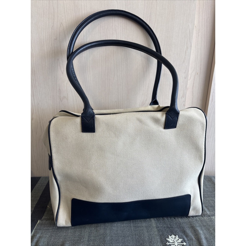 Brooks Brothers Women's Navy Blue Leather Cream Canvas Satchel‎ Top Handle Bag